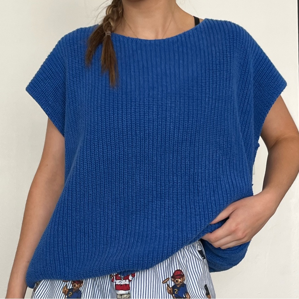 ❤️ Vintage Calvin Klein Electric Blue Knit Crochet Slouchy Blouse Vest Shirt